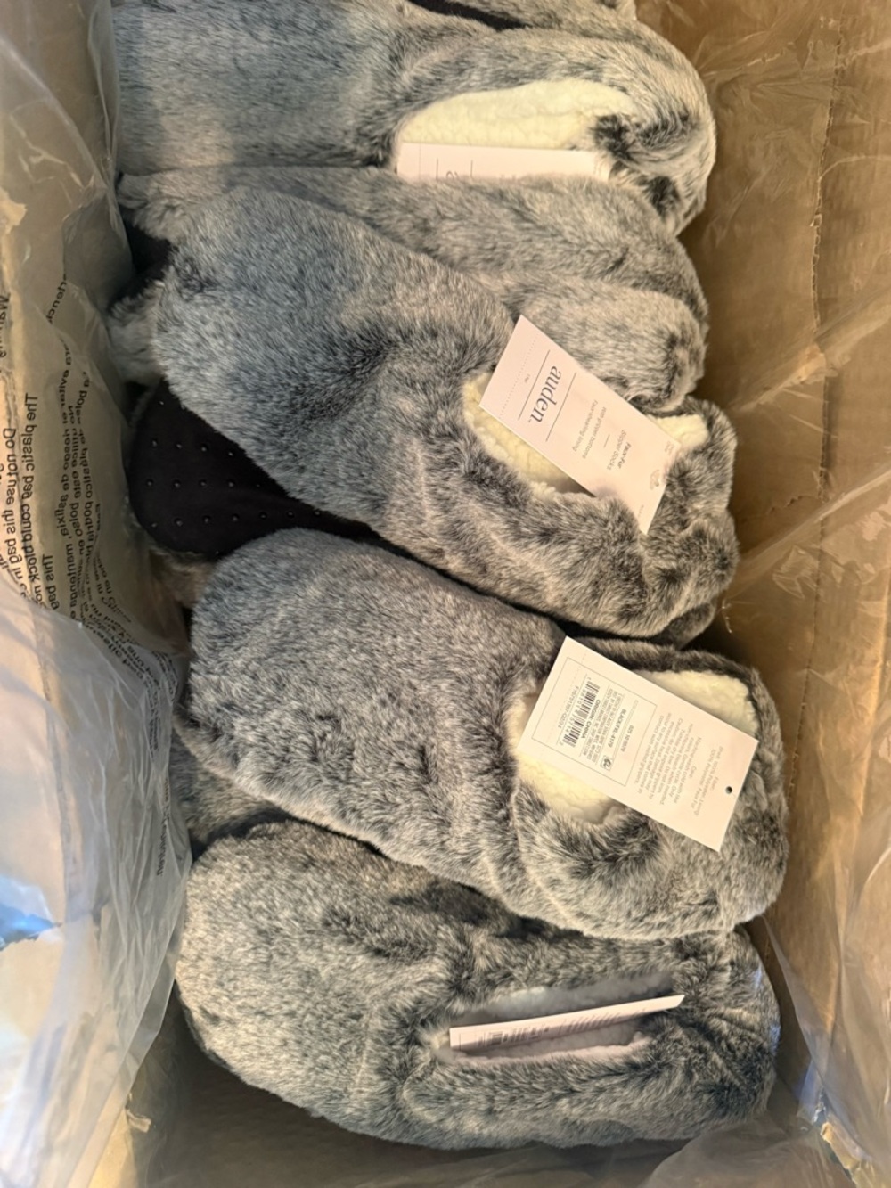 12 pair Auden Gray Faux Fur Slippers - Cozy Plush Women's Indoor Shoes size Med
